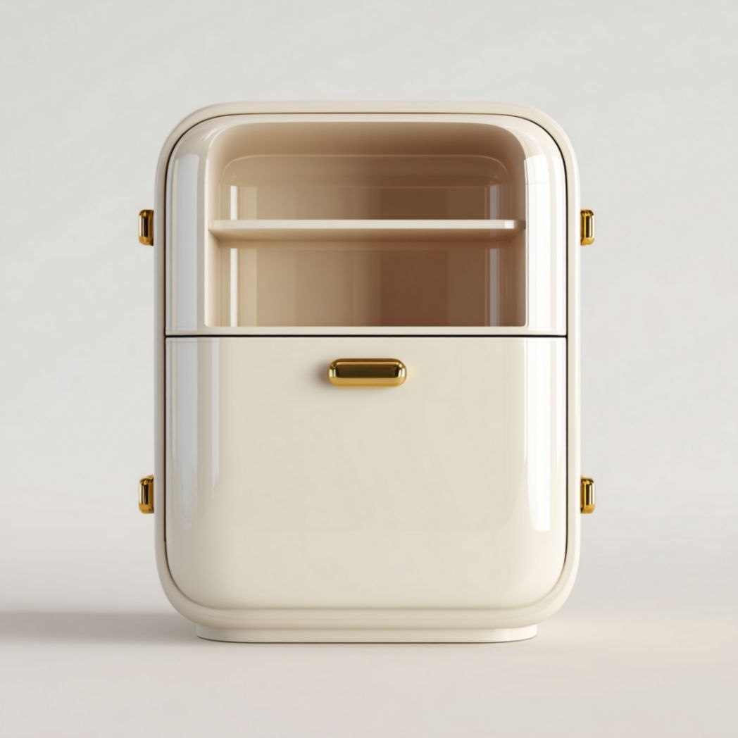 Petit meuble de rangement en panneaux composites laqués blanc cassé et métal