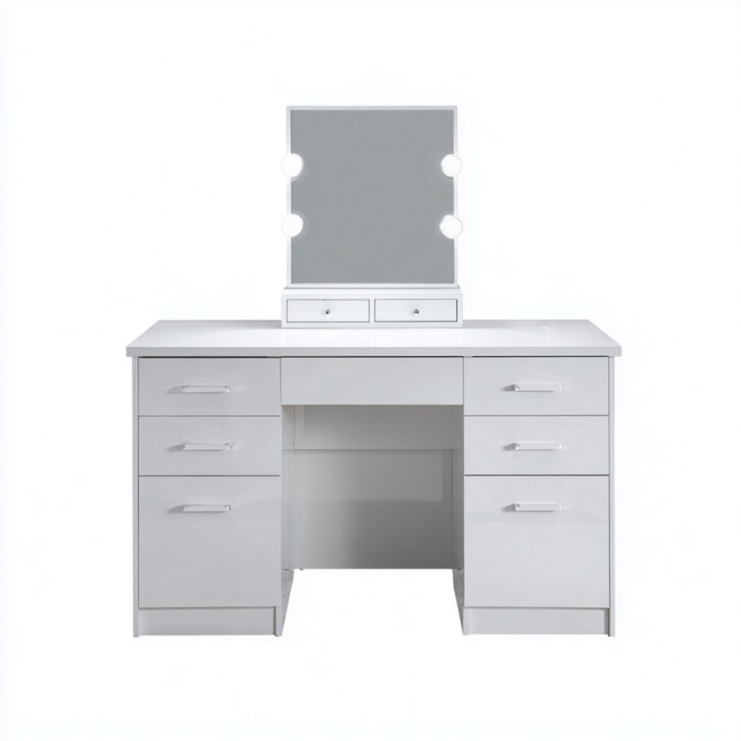 Coiffeuse avec miroir lumineux et rangements, 7 tiroirs, blanc