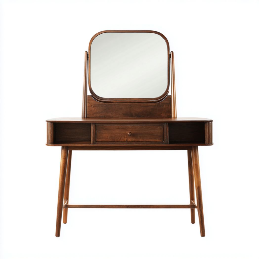 Coiffeuse avec miroir inclinable et tiroir central, finition bois foncé