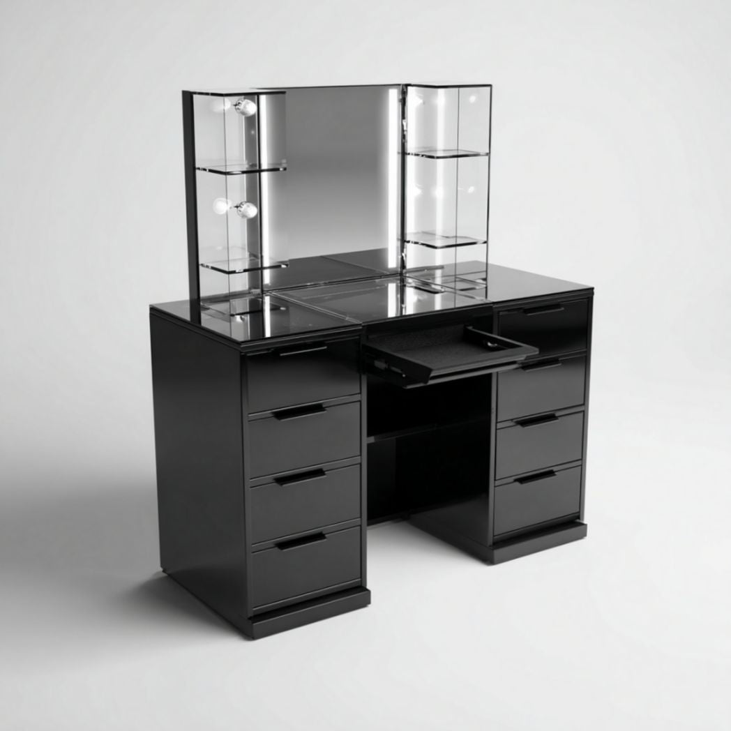 Coiffeuse noire avec miroir et rangements vitrés