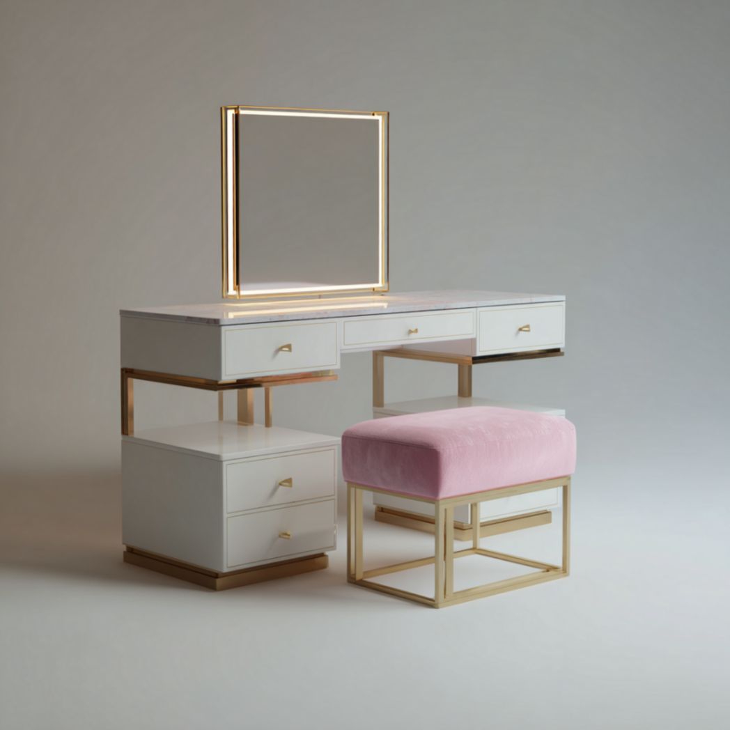 Coiffeuse avec miroir lumineux, rangements et tabouret, blanc et rose