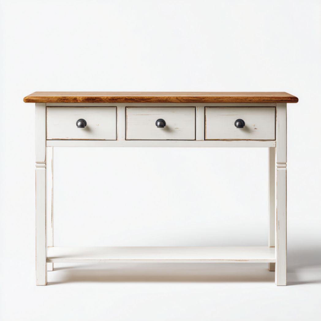 Console avec trois tiroirs en bois peint et plateau en bois massif