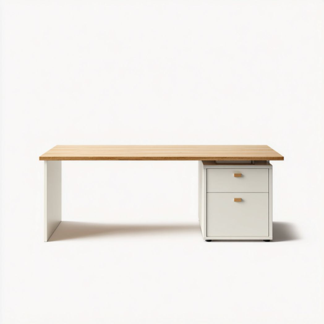 Bureau avec caisson à deux tiroirs en panneaux de bois et plateau en panneaux de bois