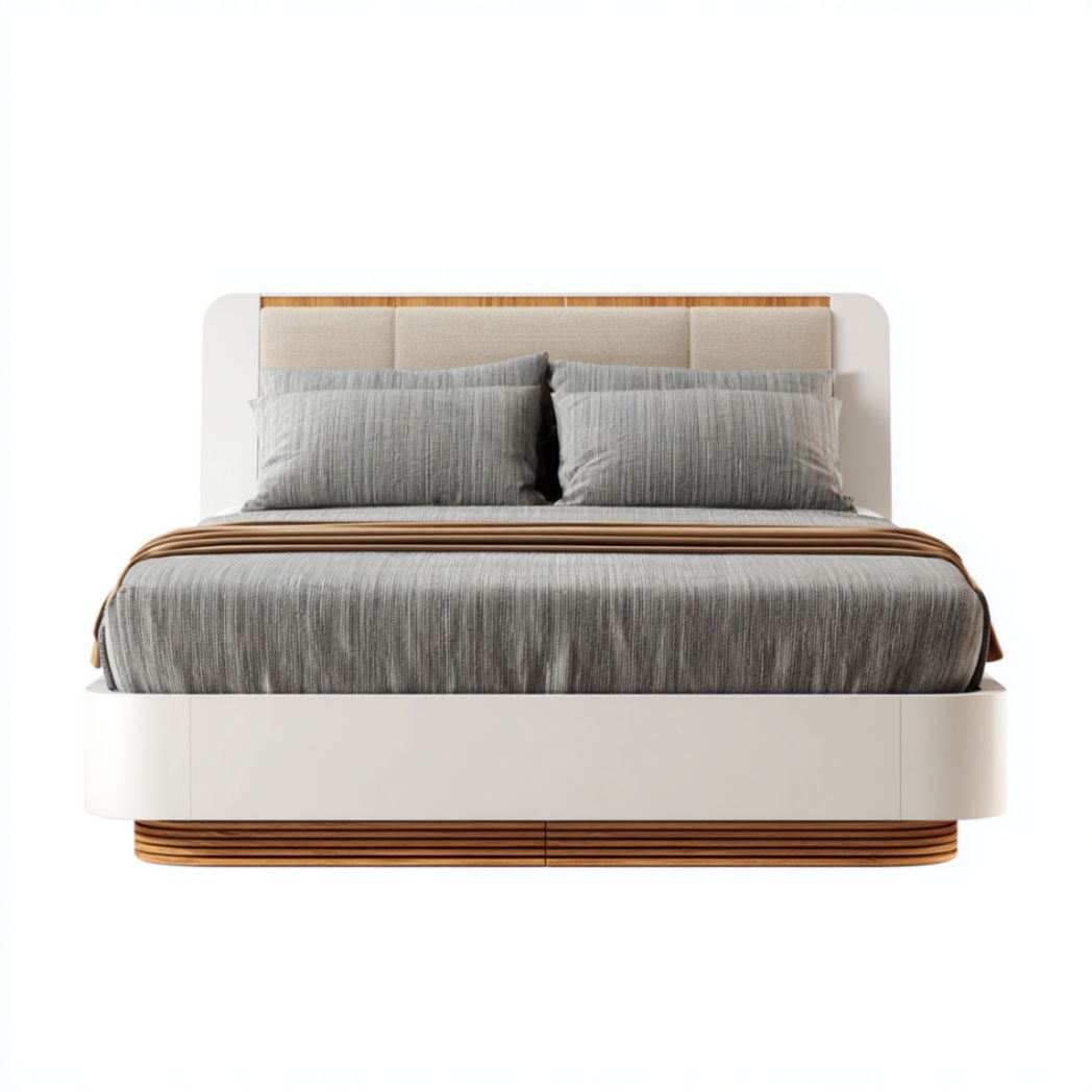 Lit double blanc avec tête de lit capitonnée et base à lattes