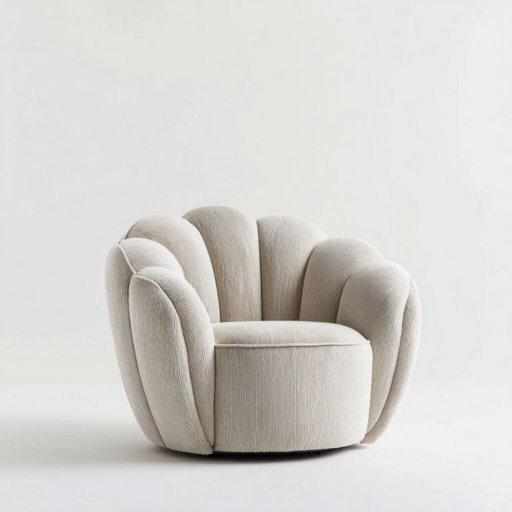 Fauteuil arrondi en tissu polyester beige avec structure en bois