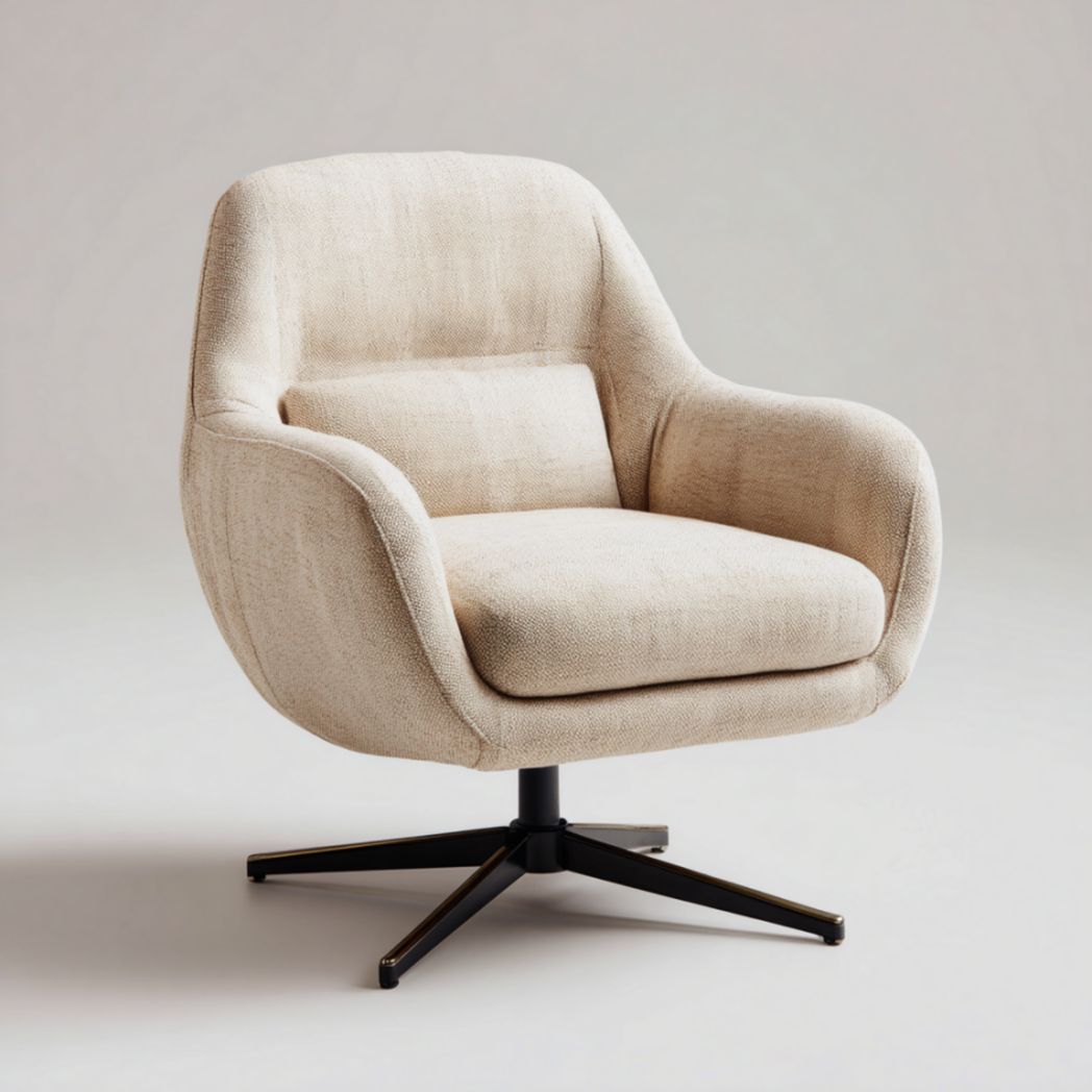Fauteuil pivotant en tissu polyester beige avec piètement en métal