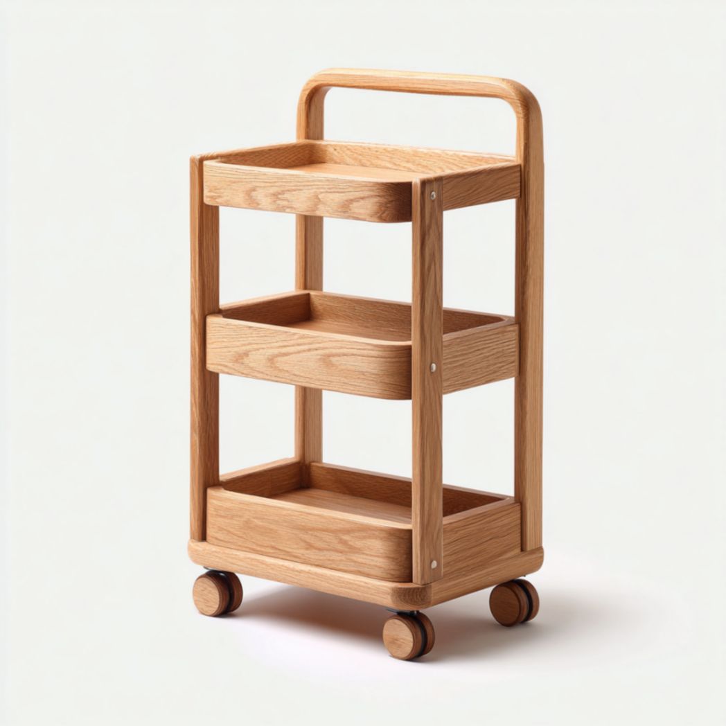 Chariot de rangement à trois niveaux en bois avec roulettes