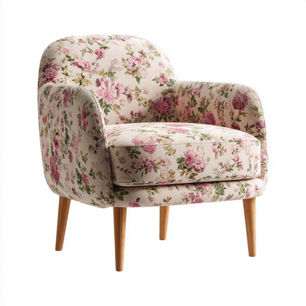 Fauteuil en tissu polyester à motif floral avec pieds en bois