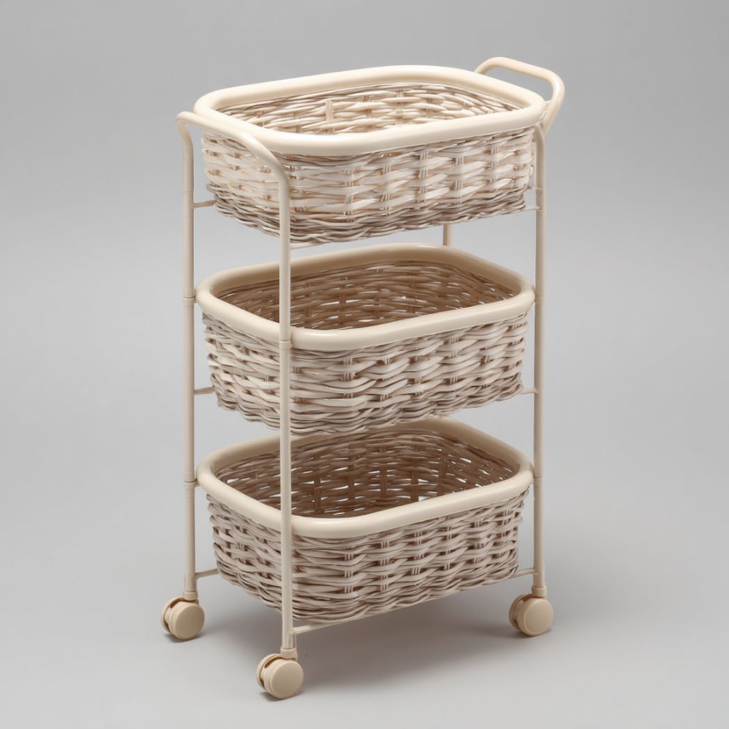 Chariot de rangement à trois paniers en osier synthétique et acier avec roulettes